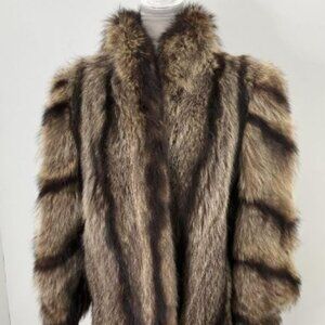 Vintage Brown Striped Genuine Fur Hook & Eye Jacket Size M/L
